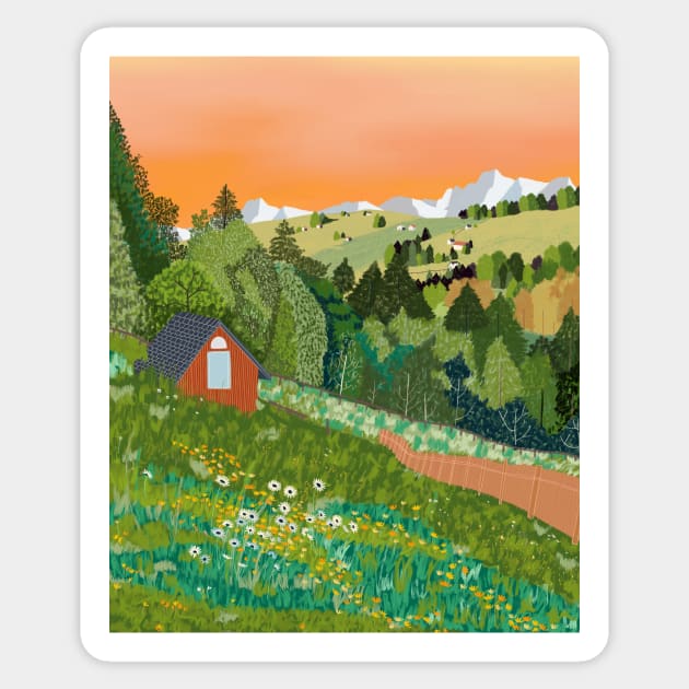 Cottage on the Hill Sticker by Shreyasi